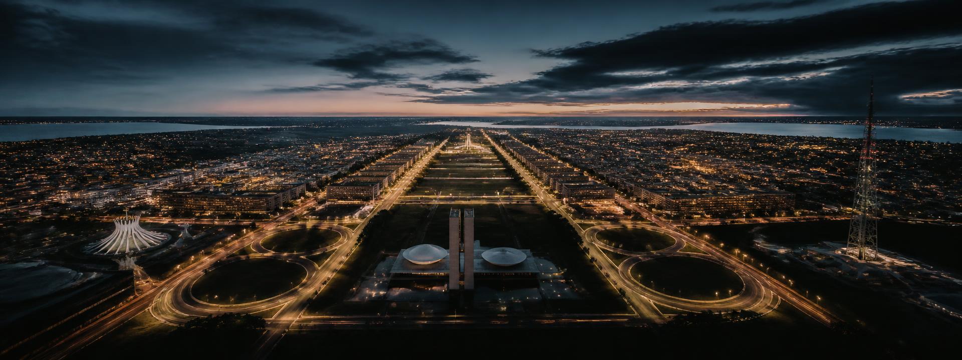 Panorâmica de Brasília ao anoitecer: Esplanada, Congresso Nacional, Catedral e Torre de TV