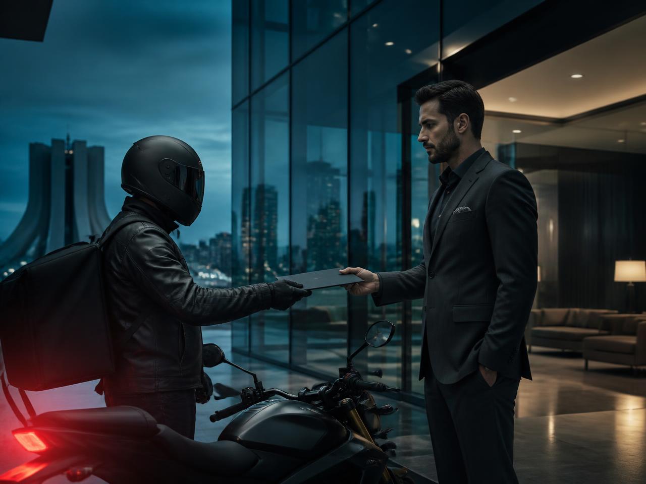 Executivo recebendo documentos do motoboy em lobby corporativo em Brasília