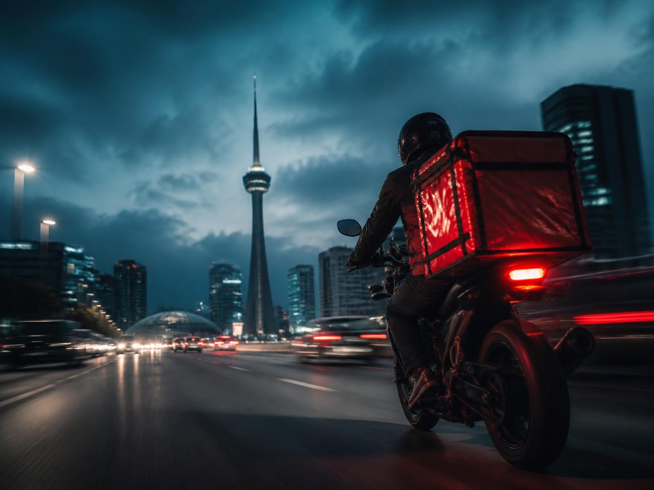 Motoboy em movimento por avenida de Brasília com a Torre de TV ao fundo